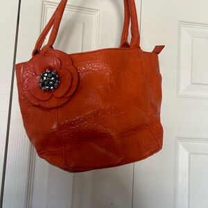 Women's Orange Tote Bag with Decorative Flower